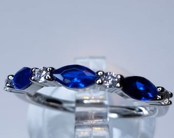 Simulated Blue Sapphire/Diamond Ring 0.910Ct. (Size Available) in Sterling Silver.