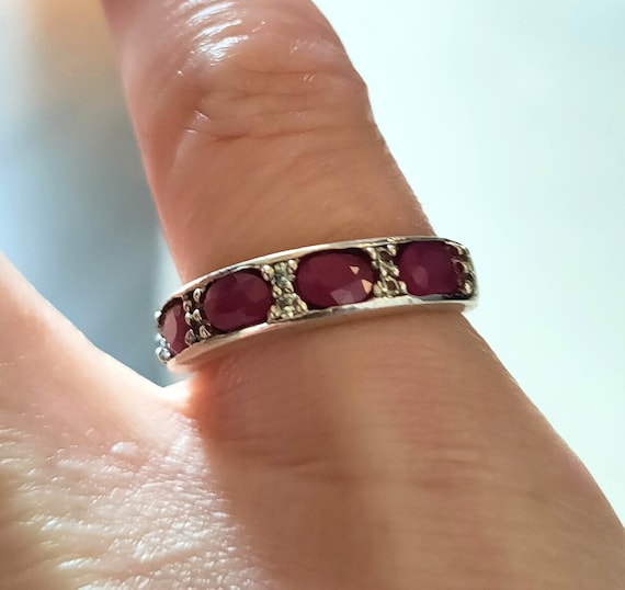 Ruby and Zircon Ring: Rhodium Sterling Silver Ban… - image 1