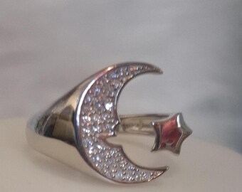 Star/Moon Cubic Zirconia Adjustable Ring in Rhodium Overlay Sterling Silver (Size Available)