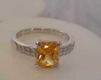 Cubic Zirconia (Yellow) Ring in Rhodium Overlay Sterling Silver 2.130Ct. (Size Available)