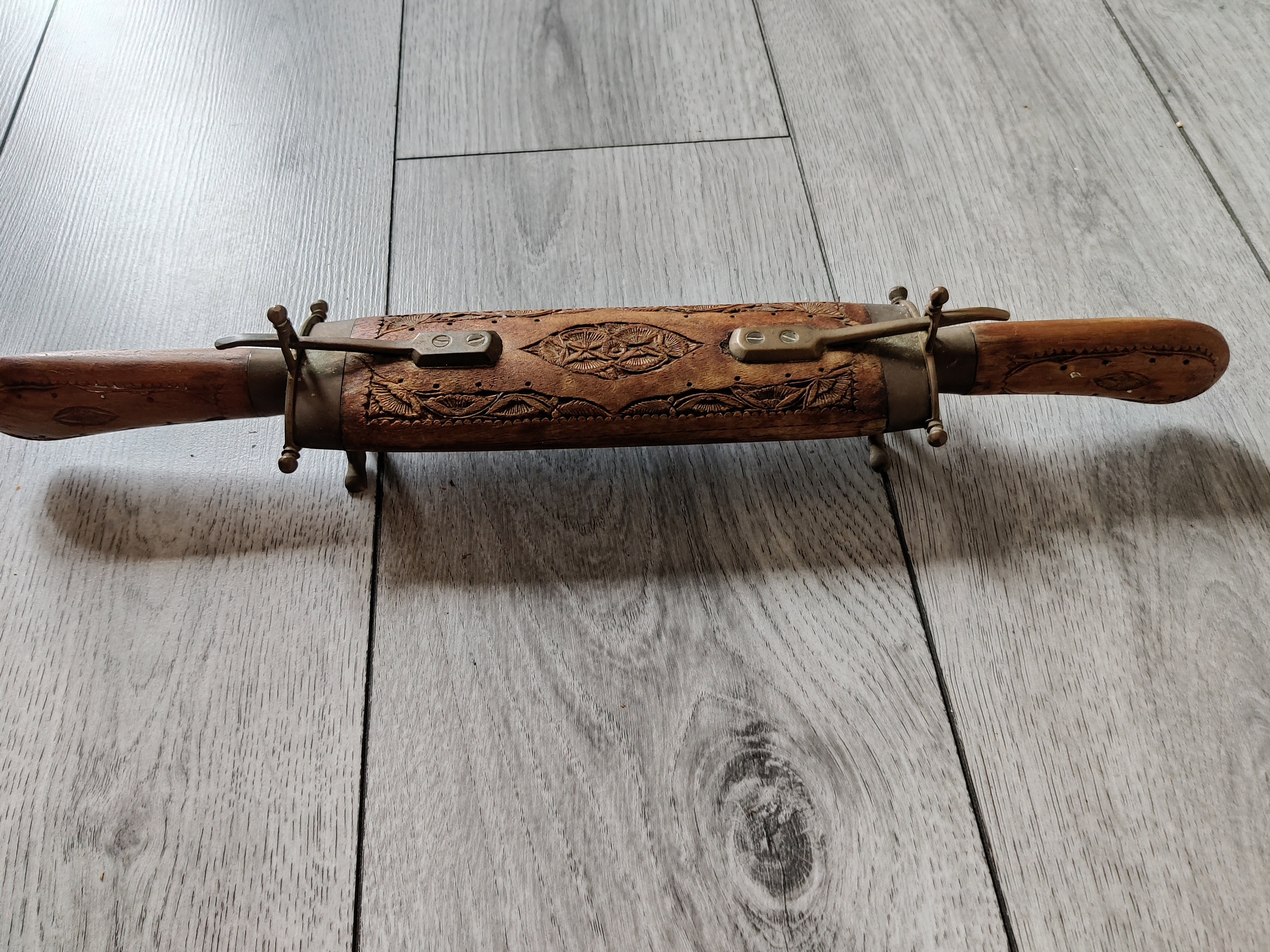 Antique Indian Carving Set in Ornate Hardwood & Brass Case Mint