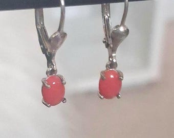Coral Red Drop Earrings (Leverback) in Sterling Silver.   1.5000Ct.