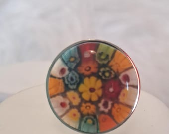 Murano Multi Colour Style Glass Ring in White Tone 5.000Ct. (Size Available)