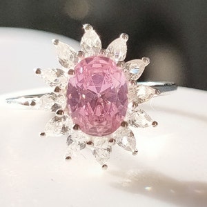 Anillo - Anillo de halo de circonita cúbica simulada rosa y blanca en plata de ley (talla disponible) ENVÍO GRATUITO