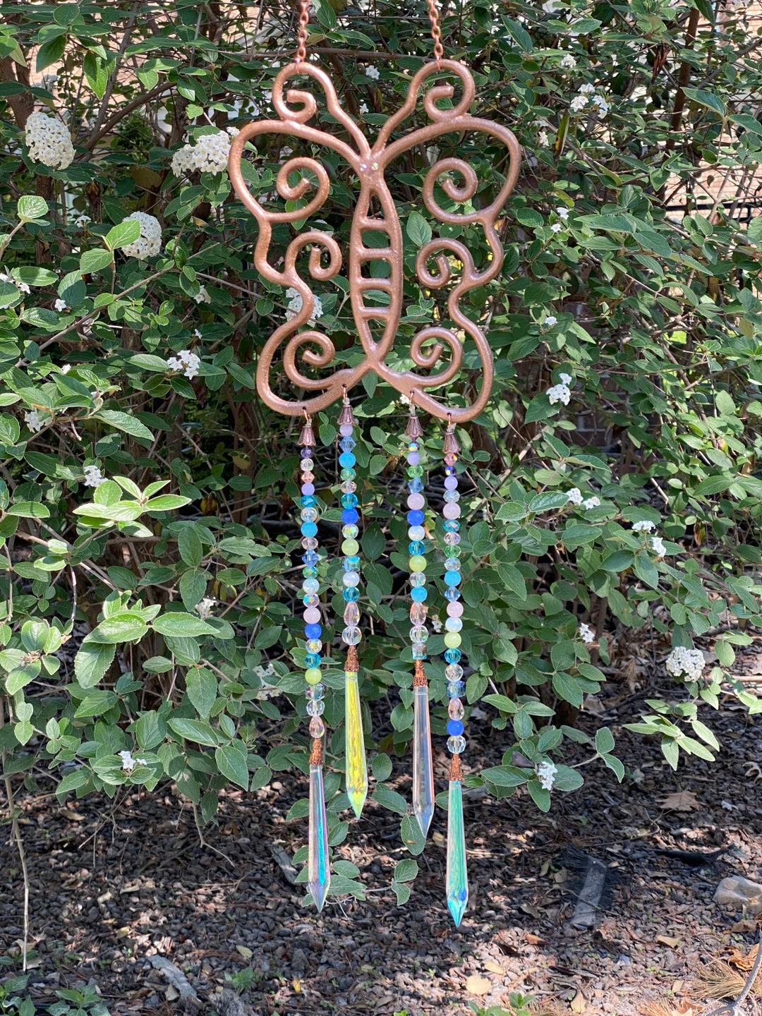 Upcycled Rose Gold Butterfly Suncatcher: Beaded Prism Mobile - Etsy