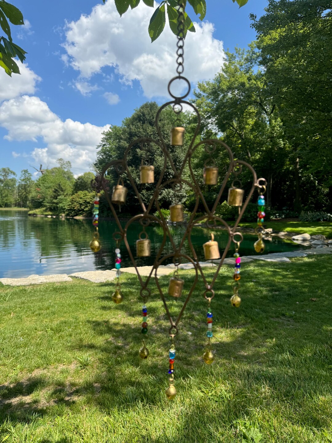 Fresh Look at Handmade Recycled Wind Chime African Cow Bells Beaded Garden Art