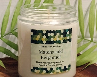 Match and Bergamot special custom blended Spring/Summer scent, 100% soy wax, hemp wick, peridot and clear quartz crystals, glitter, 8 oz.