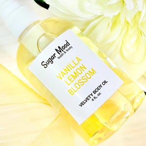 Vanilla Lemon Blossom Body Oil, Sweet Almond Oil, Jojoba Oil, Argan Oil, Calendula & Aloe Extract, Shower Oil, Sugar Mood Bath and Body