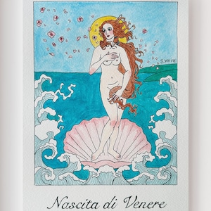 May include: A framed watercolor print of Botticelli's "The Birth of Venus." The artwork depicts a nude figure with long red hair standing in a seashell, surrounded by waves and a blue sky. The print is in a light wood frame.
