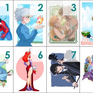 May include: A collection of eight colorful cartoon illustrations featuring various characters. The images include a Black Cat and Spider-Man, a girl with a flame, a couple embracing, a smiling character with a watermelon, a person doing a breakdance, Jessica Rabbit, a person playing a cello, and a magical character.