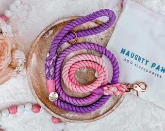 Purple and Pink shades Cotton Rope Leash | Cotton Dog Leash | 5ft Multicolored Rope leash | Rose Gold Hardware | Fabulous