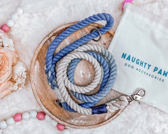 Blue Ombre Cotton Rope Dog Leash, 5ft Soft Leash for Boy Dogs, Handmade Rope Leash, Custom Cotton Dog Leash, Puppy Walking Leash | SANTORINI