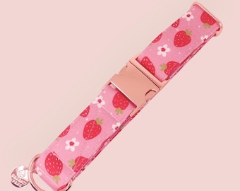 Pink Strawberry Dog Collar, Summer Girl Puppy Collar, Adjustable Martingale or Buckle, Cute Custom Pet Collar | BERRY HAPPY