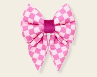 Rosa karierte Hund Sailor Fliege, Kokette Welpen Schleife, Retro Schachbrett Hundeschleife, Girly Haustier Zubehör | HÜBSCH IN ROSA
