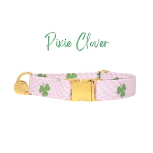 Pink Checkered St. Patrick's Day Dog Collar, Green Clover Puppy Collar, Personalized Dog Collar, Opt Martingale Dog Collar | PIXIE CLOVER
