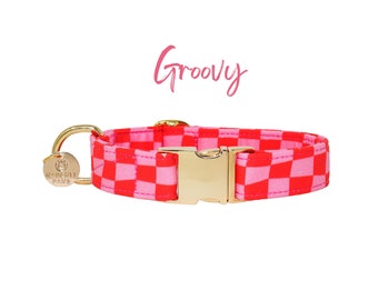 Pink Checkered Dog Collar,  Retro Pink Puppy Accessories, Girly Puppy Collar, Large Dog Collar, Female Dog Collar, Thin Puppy Collar -GROOVY
