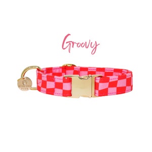 Pink Checkered Dog Collar,  Retro Pink Puppy Accessories, Girly Puppy Collar, Large Dog Collar, Female Dog Collar, Thin Puppy Collar -GROOVY