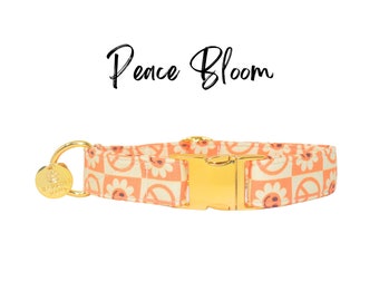 Geruite hondenhalsband met bloemen, smiley bloemenhalsband, martingaal of plat | VREDE BLOEI