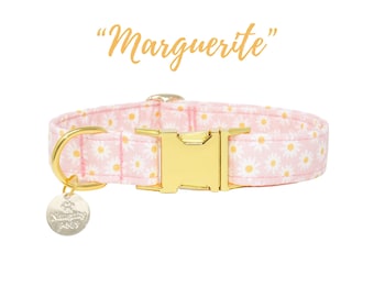 Weiße und Gelbe Blümchen Gänseblümchen auf Rosa - Hundehalsband , Hundehalsband aus Stoff, Martingale oder flaches Hundehalsband - MARGUERITE