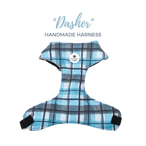 Spring Blue Plaid Handmade Dog Chest Harness | Plaid Dog Harness | Blue and Black Tartan | Metal Hardware | Adjustable Harness | Dasher