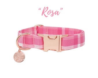 Roze geruite hondenhalsband, dameshalsband, aangepaste hondenhalsband, Martingale of platte hondenhalsband, kleine hondenhalsband, aangepaste hondenhalsband -ROSA