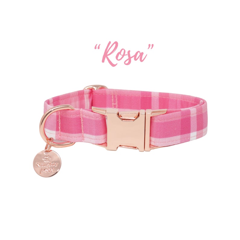 May include: Pink and white plaid dog collar with a rose gold buckle and a matching tag that says "Rosemary Pet".