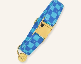 Blue Checkered Boy Dog Collar, Small Puppy Collar, Martingale opt, Retro Dog Collar, Large Girl Dog Collar, XL Dog Collar | SUPER TROUPER