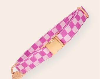 Rosa rutigt hundhalsband för flickor, litet valphalsband, retro hundhalsband, stort hundhalsband för flickor, XL hundhalsband | PRETTY in PINK