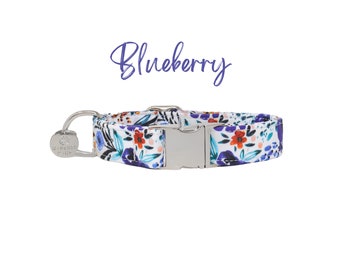 Floral Dog Collar, Blue Martingale or Flat Dog Collar, Girl Dog Collar, Female Dog Collar, Thin Puppy Collar, Large Dog Collar - BLUEBERRY