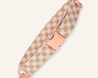 Beige Gingham Dog Collar, Checkered Martingale or Buckle Collar, Handmade Pet Collar | LATTE CHECK
