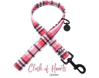 Pink Plaid Dog Leash, Valentine's Day Male or Female Traffic Dog Leash option, Black and Red Pet Leads | Puppy Leash | CLASH OF HEARTS