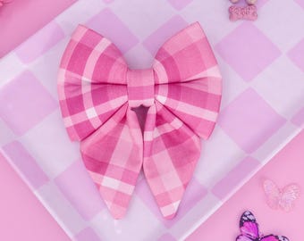 Rosa karierter Mädchen Hund Sailor Schleife für San Valentinstag | Über dem Bund mit zwei elastischen Schlaufen | ROSA