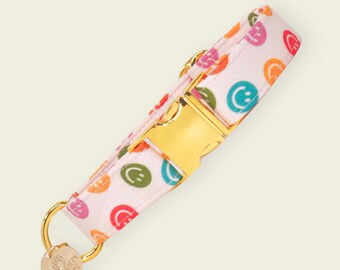 Neutrale hondenhalsband met smileygezicht, retro boho puppyhalsband, hippe kleine hondenhalsband, martingaalhalsband of platte halsband | ALLEEN GOEDE VIBES