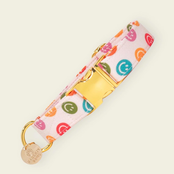 Neutral Smiley Face Dog Collar, Retro Boho Puppy Collar, Groovy Small Dog Collar, Martingale or Flat Collar | GOOD VIBES ONLY