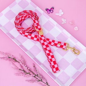 Pink Checkered Dog Leash, Male or Female Traffic Dog Leash option, Small Dog Leash, Custom Dog Leash, Handmade Dog Leash -GROOVY