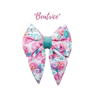Pink and Turquoise Roses Dog Sailor Bow | Floral Sailor Bows |Summer or Spring | Slip On Over the Collar with two elastic loop | BEATRICE