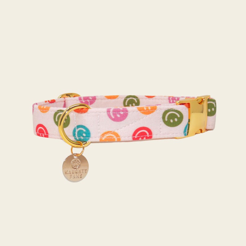 Boho smiley face dog collar with muted rainbow colors and luxury gold buckle