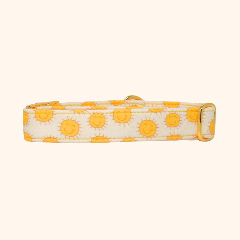 Custom yellow dog collar with smiling sun pattern for small and large dogs