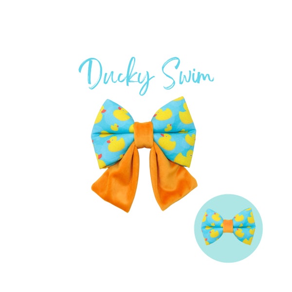 Rubber Ducks Dog Sailor Bow Ties, Blue Extra Large Bowties, Small Dog Sailor Bow with Yellow Velvet Tails | Boy Dog Bows | DUCKY SWIN