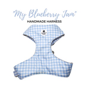 Blue Plaid Handmade Chest Harness | Plaid Dog Harness | Blue and white Gingham | Metal Hardware | Adjustable Harness | MY BLUEBERRY JAM
