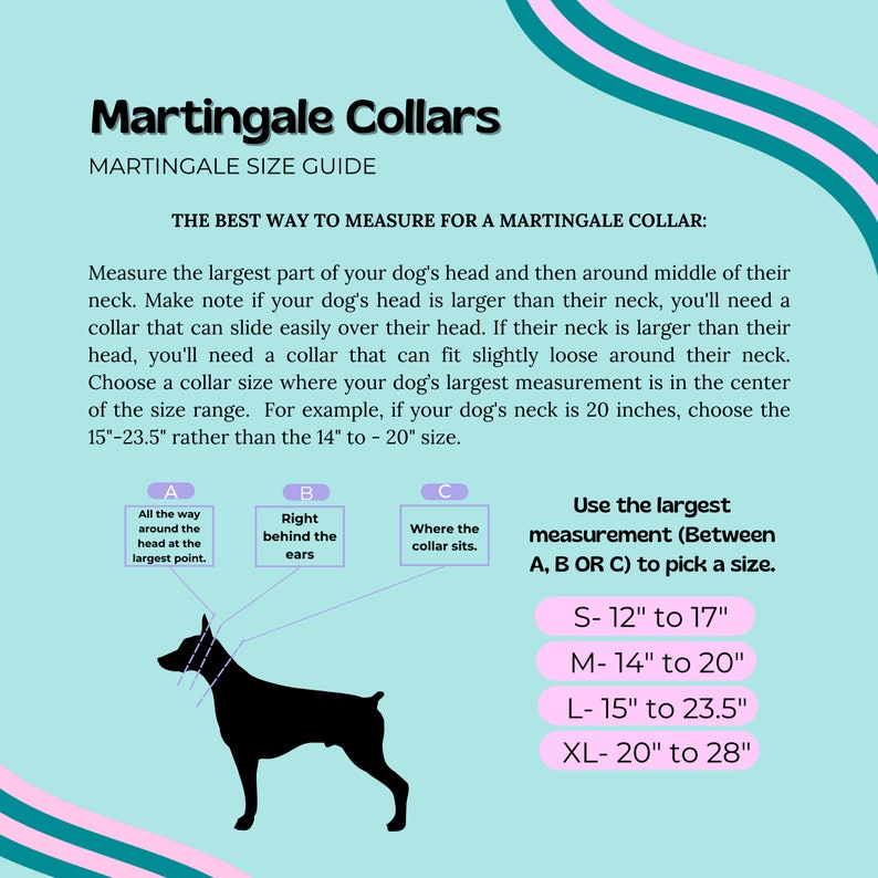 May include: A teal graphic with the text "Martingale Collars" and a size guide. The guide shows how to measure a dog's neck for a collar, with sizes ranging from 12" to 28". A black silhouette of a dog is also included.