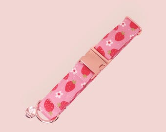 Pink Strawberry Dog Collar, Summer Girl Puppy Collar, Adjustable Martingale or Buckle, Cute Custom Pet Collar | BERRY HAPPY