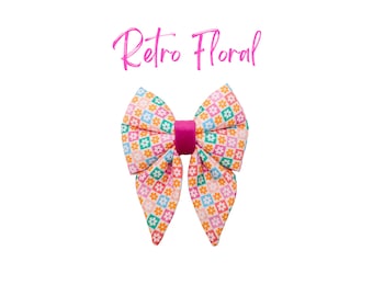 Daisy Checkered Dog Bow – Retro Colorful Sailor Bow – RETRO FLORAL
