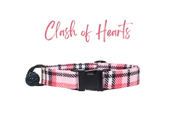 Pink Plaid Dog Collar, Valentine's Day Male or Female Dog Collar, Cute Dog Collar, Small Dog Collar, Custom Puppy Collar, CLASH OF HEARTS