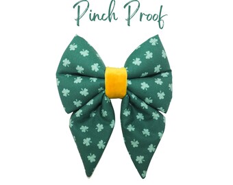 St. Patricks Day Green Shamrocks Dog Sailor Bow | Clovers Dog Bow | PINCH PROOF