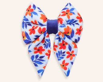 Blue Floral Dog Sailor Bow, Tropical Dog Bow, Over the Collar Puppy Bow | BALI