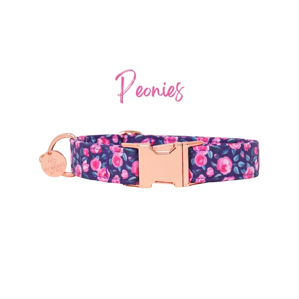 Pink Floral Girl Dog Collar, Large Dog Collar, Martingale or Flat Collar, Navy Female Dog Collar, Small Dog Collar, Custom  Collar -PEONIES