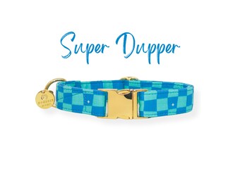 Blue Checkered Boy Dog Collar, Small Puppy Collar, Retro Dog Collar, Large Girl Dog Collar, XL Dog Collar | SUPER DUPPER