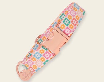 Retro Floral Dog Collar, Groovy Daisy Dog Collar, Checkered Martingale or Flat Collar, 70s Style Puppy Collar - RETRO FLORAL