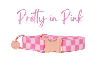 Pink Checkered Girl Dog Collar, Small Puppy Collar, Retro Dog Collar, Large Girl Dog Collar, XL Dog Collar | PRETTY in PINK